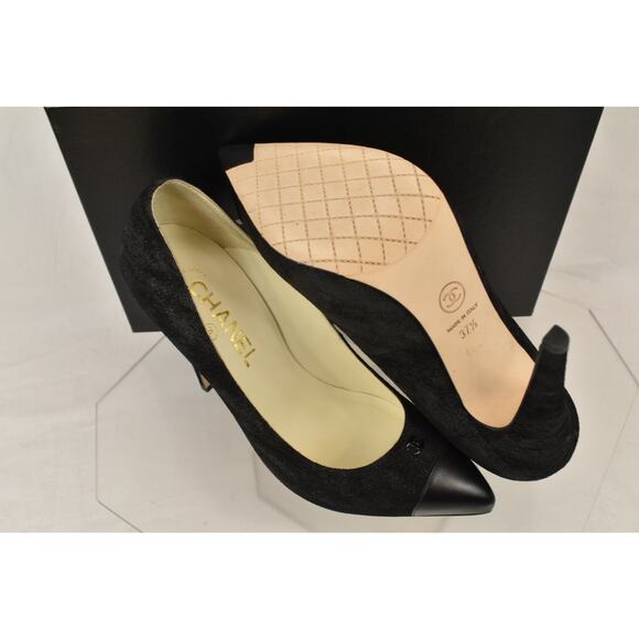 NIB CHANEL BLACK G28778 SHIMMER SUEDE CC LOGO POINTY CAP TOE CLASSIC PUMPS 37.5 - Picture 10 of 12